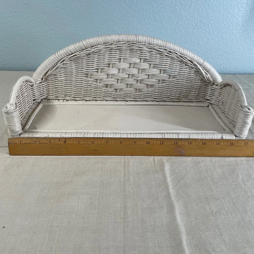 Vintage White Wicker Wall Shelf Hanging Display English Cottage Decor